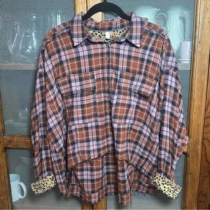 Pilcro by Anthroplogie Hi/Lo Cropped Rust & Blue Plaid Flannel with Raw Hemlines